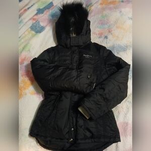 Pepe Jeans London. Black Hooded Winter Jacket with Fur Trim. SzXL